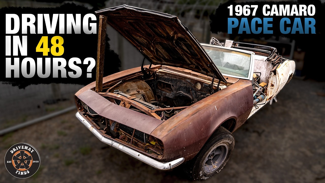 1967 Camaro pace car with open hood revealing engine, featured in 48-hour driving challenge
