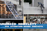 Humanoid robots demonstrating parkour mobility on construction sites with attention-based contact systems