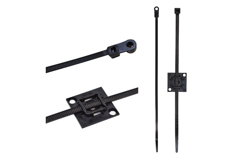 Black cable ties and mounting clips for wire management and organization