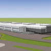 Architectural rendering of modern industrial facility with white buildings, green landscaping, and curved driveway