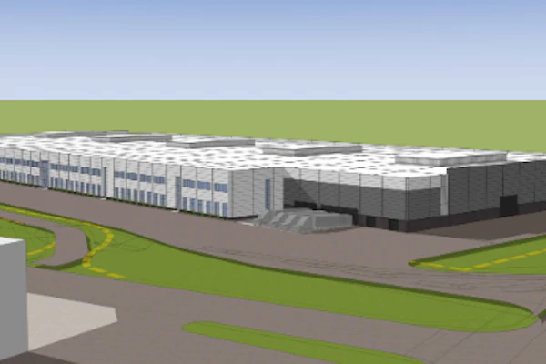 Architectural rendering of modern industrial facility with white buildings, green landscaping, and curved driveway