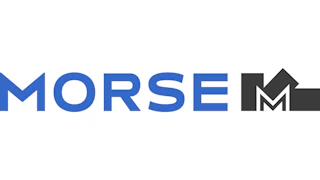MORSE logo featuring blue text with abstract gray geometric symbol