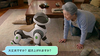 Elderly man interacting with small white and black robot toy on living room floor