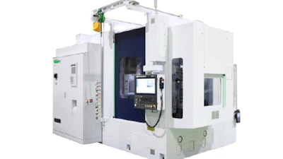White industrial CNC machining center with dark blue interior cavity and control panel