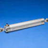 Silver linear position transducer sensor with ball joint mounts on blue background