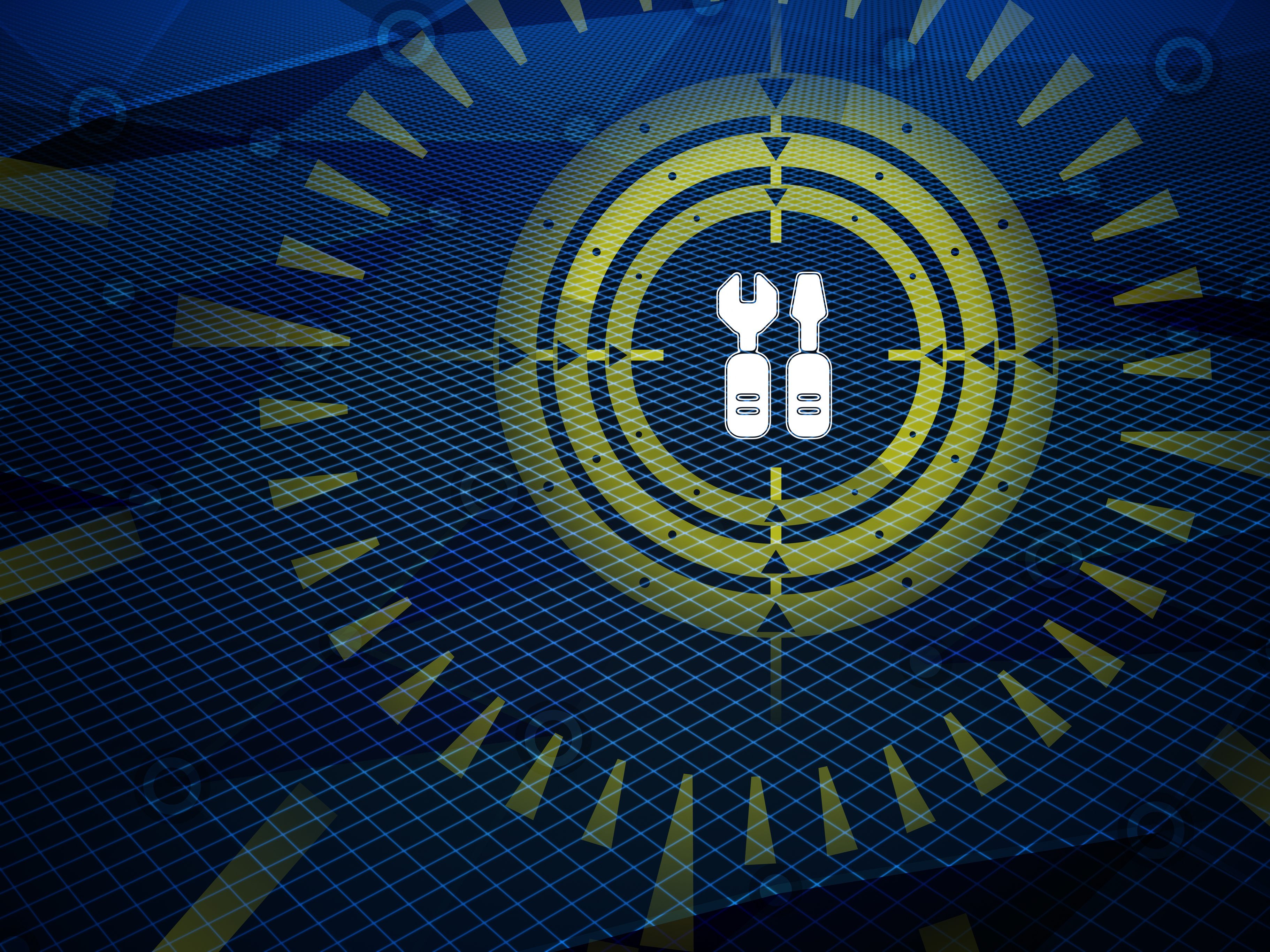 White chromosome icon centered in concentric circles with blue grid background and radiating yellow-green lines