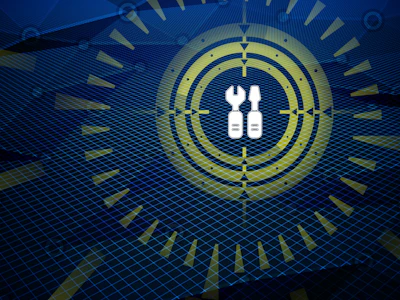 White chromosome icon centered in concentric circles with blue grid background and radiating yellow-green lines