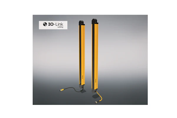 Two yellow and black IO-Link Safety light curtain sensors displayed against gradient background
