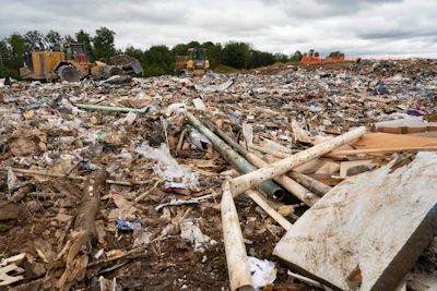 Landfill site with heavy machinery, scattered waste debris, and wooden logs in an industrial waste disposal area