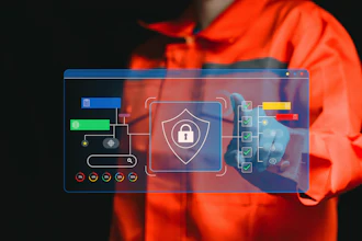 Person in orange jacket interacting with holographic cybersecurity interface displaying shield and padlock security icon