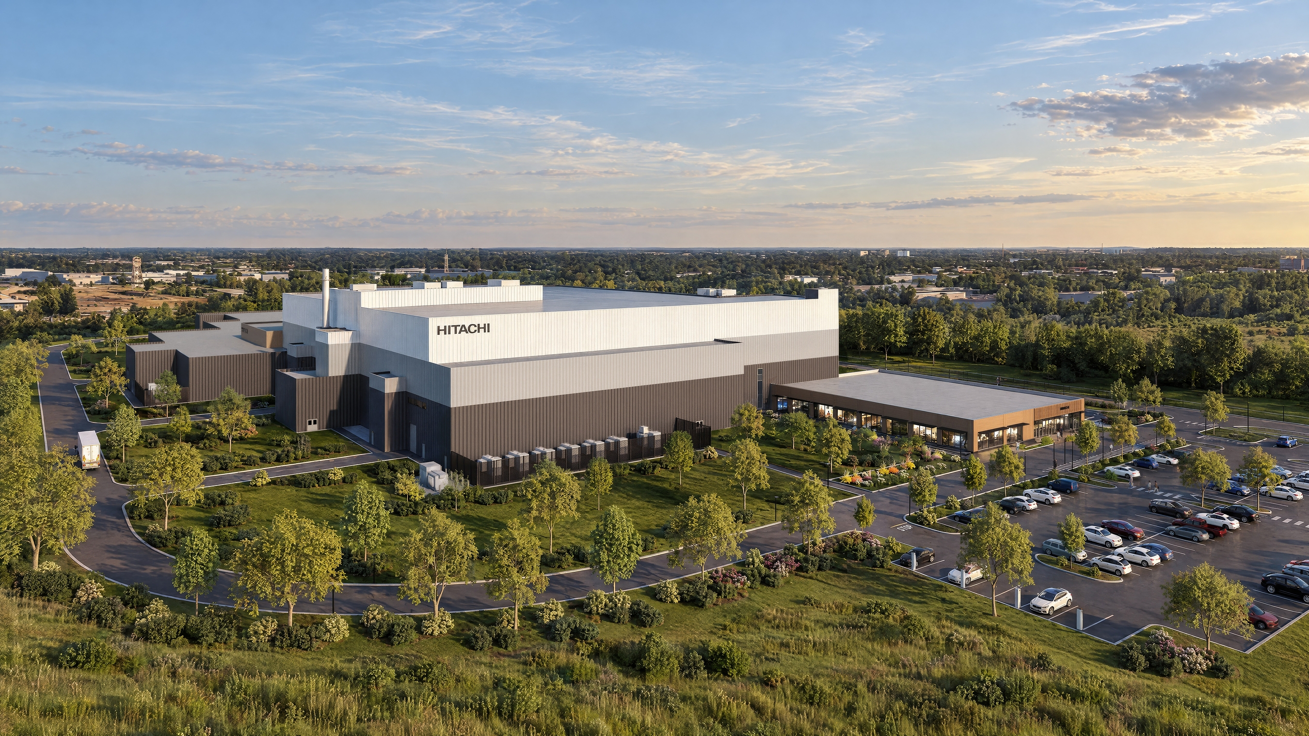 Hitachi corporate manufacturing facility with modern architecture, surrounded by landscaping and parking lot