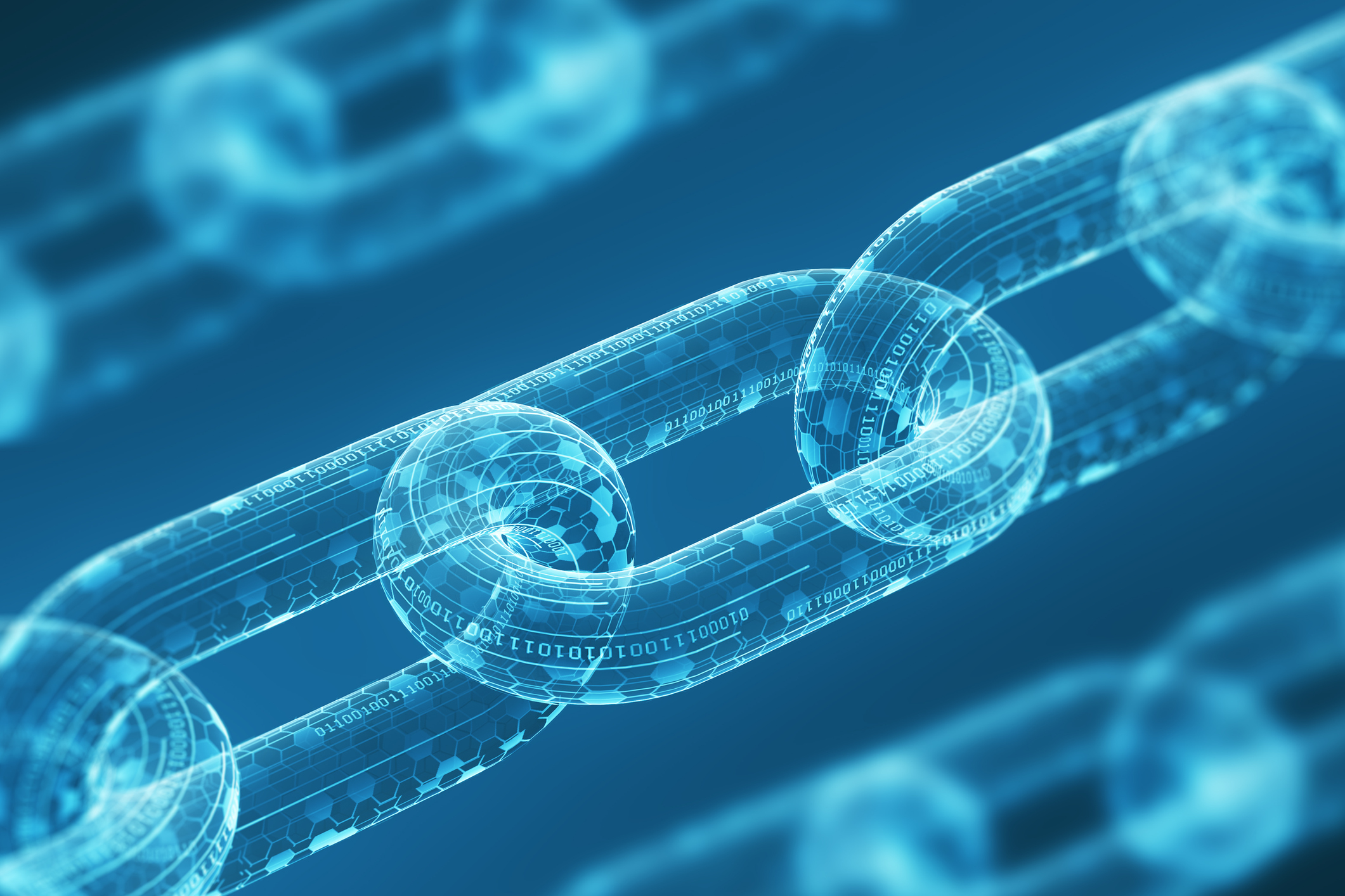Digital blockchain network visualization showing interconnected chain links with binary code and data encryption in blue holographic style