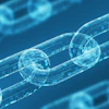 Digital blockchain network visualization showing interconnected chain links with binary code and data encryption in blue holographic style