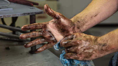 Two dirt-covered hands showing calluses and wear from manual labor in a workshop setting
