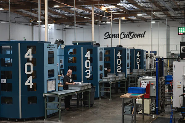 Industrial manufacturing facility with blue CNC machines and Sena CutSend signage on warehouse wall