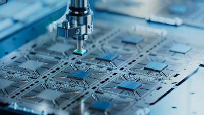 Precision drilling machine performing circuit board assembly with blue-toned industrial equipment