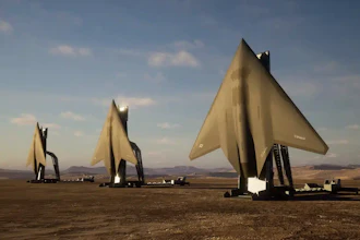 Three large metallic sail-shaped sculptures stand in a desert landscape under a blue sky with clouds