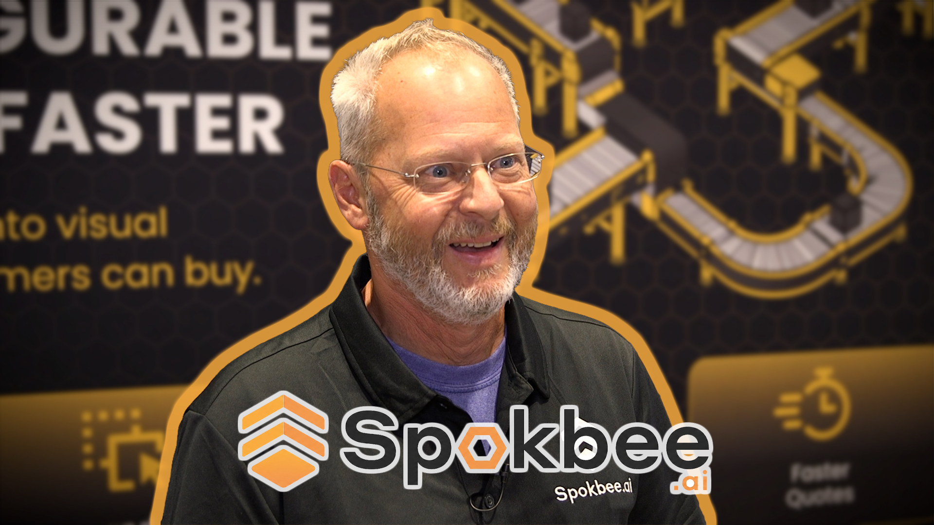Man speaking at Spokbee corporate event with branded backdrop and logo watermark