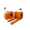 Orange pallet jack with two operator figures and extended forks for warehouse material handling