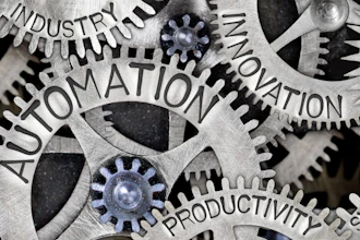 Interconnected gears and cogs with overlaid business and technology keywords representing automation and industrial innovation