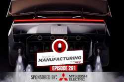 Today in Manufacturing Episode 291 sponsored by Mitsubishi Electric, featuring a high-performance vehicle with exhaust flames