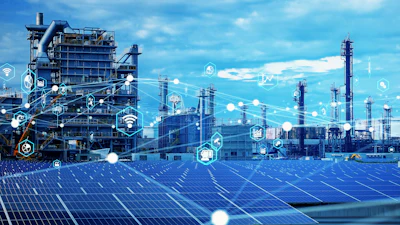 Industrial refinery and solar panel facility with digital connectivity icons representing smart manufacturing and renewable energy integration