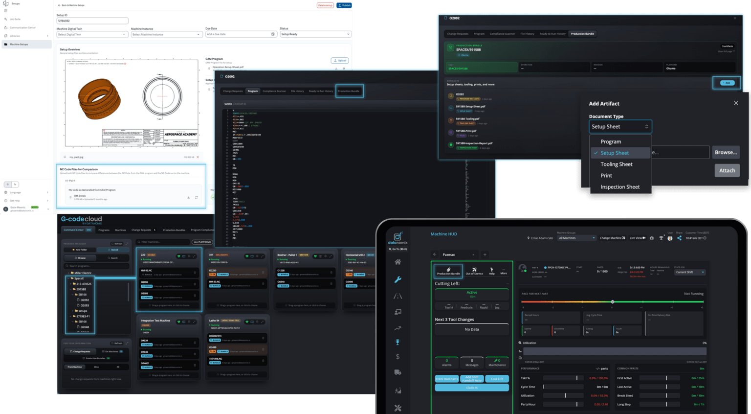 Software development and audio production interface screenshots showing code editor, DAW, and design tool dashboards with dark theme UI