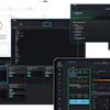 Software development and audio production interface screenshots showing code editor, DAW, and design tool dashboards with dark theme UI