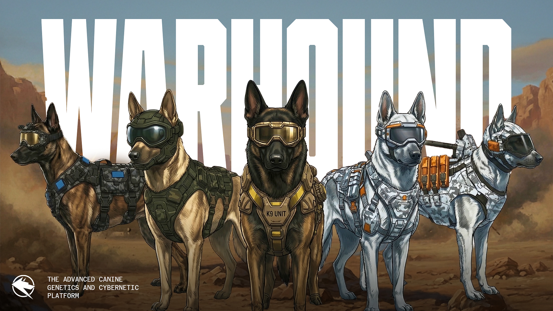 Five tactical military working dogs in combat gear standing in desert landscape with 'Warbound' title text