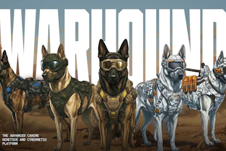 Five tactical military working dogs in combat gear standing in desert landscape with 'Warbound' title text